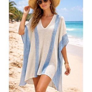 J. Mclaughlin Linen Knit Poncho Top One Size Blue White Beachy Coastal Coverup
